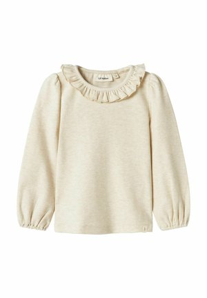 Ribbed cream pitkähihaine paita, jossa on röyhelökaula-aukko, pussimaiset hihansuut ja rento malli. Siinä on pieni merkkilappu helman kohdalla.