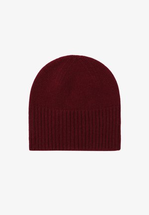 Bordeaux gebreide beanie met een geribbelde zoom. Zachte textuur, ronde bovenkant en een strakke pasvorm, geschikt voor koud weer. Geen zichtbare logo's of patronen.