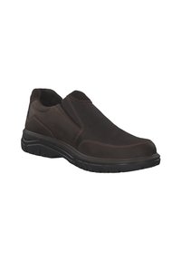 Braune Leder Slipper mit elastischen Seitenpaneelen, Gummisohle und kontrastierenden Nähdetails. Niedriges Profil mit runder Zehenform.