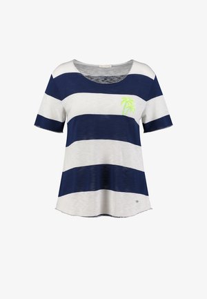 Chemise à manches courtes rayée blanc et bleu marine, avec un col en demi-lune et un petit motif de palmier vert néon sur la poitrine.