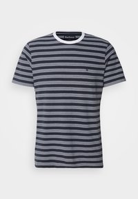T-shirt en coton à manches courtes rayé bleu marine et blanc, col rond blanc et petit logo brodé sur la poitrine gauche.