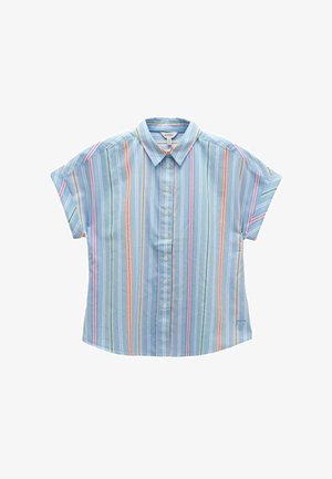 Marškiniai trumpomis rankovėmis su spalvotomis vertikaliomis juostelėmis šviesiai mėlyname fone, su apykakle ir priekiniais mygtukais.