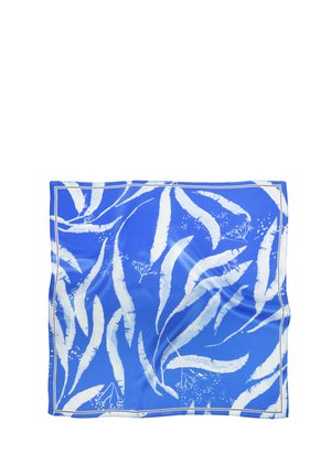 Blue square scarf with white abstract curved leaf and small flower patterns, featuring a thin white border.