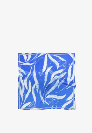 Blue square scarf with white abstract curved leaf and small flower patterns, featuring a thin white border.