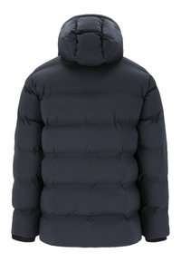 Puffjacke in dunkelblau mit Kapuze, gestepptem Design, weicher Textur und gerippten Bündchen. Keine sichtbaren Beschläge oder Akzente.