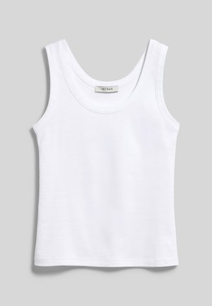 Weißes ärmelloses Baumwoll-Tanktop mit Rundhalsausschnitt, flach auf hellgrauem Hintergrund dargestellt.