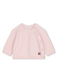 Maglione lavorato a maglia rosa chiaro con un motivo testurizzato, scollo rotondo e chiusure a bottone sul lato, con polsini e orlo a coste.