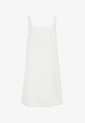 Bela brezrokavna obleka s kvadratnim izrezom, ravno silhueto in lahko tkanino; gladka tekstura in minimalističen dizajn.