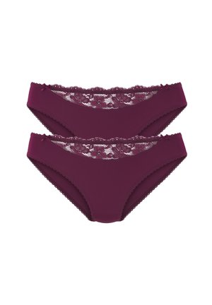 Two purple women's lace-trimmed bikini-style underwear with floral lace detail along the waistband and small decorative bows.