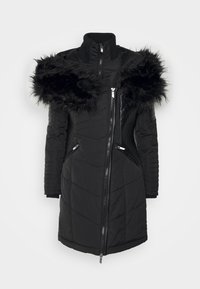 Abrigo de invierno negro acolchado con capucha de piel sintética, cierre de cremallera en la parte delantera y bolsillos laterales. Cuenta con detalles en las mangas de canalé y un cuello alto.