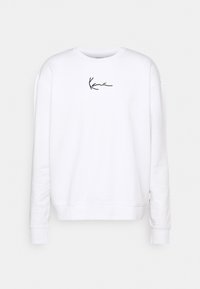 Witte sweatshirt met lange mouwen, ronde halslijn, ribgebreide manchetten en zoom, met een zwart scriptlogo op de borst. Zachte textuur.