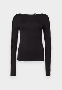 Top lung negru cu mâneci lungi, confecționat dintr-un material elastic, cu un decolteu larg și decupaje pe mâneci. Textură netedă, design ajustat.