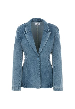 Lichtblauwe denim blazer met een notch lapel, enkele knoopsluiting en lange mouwen. Heeft een getailleerd ontwerp en textiele stof.