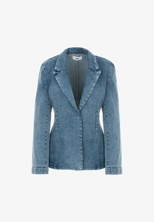 Lichtblauwe denim blazer met een notch lapel, enkele knoopsluiting en lange mouwen. Heeft een getailleerd ontwerp en textiele stof.
