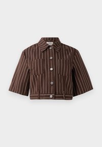 Barna, rövid ujjú, fehér függőleges csíkokkal ellátott cropped dzseki, két mellzsebbel és fémes díszítésű gombos záródással.