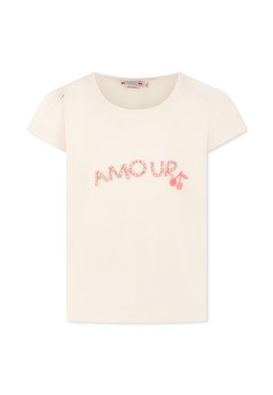 Korte mouwen crème t-shirt met "AMOUR" geborduurd in kleurrijke bloemenletters en kersen, ronde halslijn, zachte katoenen stof.