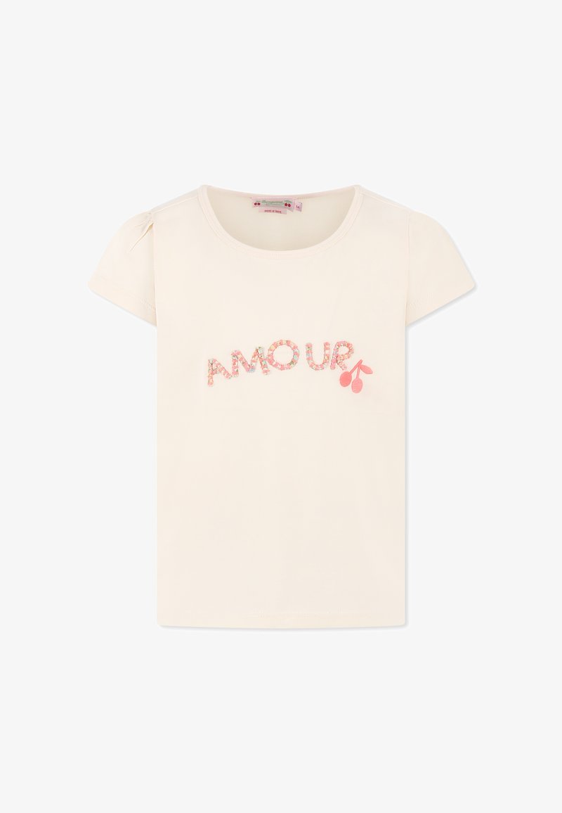 Krótki rękaw, kremowa koszulka z haftem "AMOUR" w kolorowym kwiatowym stylu oraz z wiśniami, okrągły dekolt, miękka bawełniana tkanina.