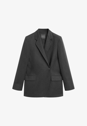 Donkergrijs colbert met één knoop, met ingezette revers en klepzakken, plat uitgestald tegen een witte achtergrond.