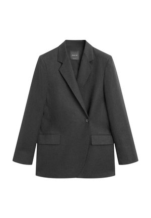 Dunkelgrauer Ein-Knopf-Blazer mit Kerbrevers und Pattentaschen, flach auf weißem Hintergrund dargestellt.