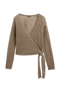 Wickel-Style Pullover aus einem weichen, hellbraunen Strick. Mit langen Ärmeln, einem V-Ausschnitt und einem gebundenen Taillendetail. Strukturierter Stoff mit einem gemütlichen Erscheinungsbild.