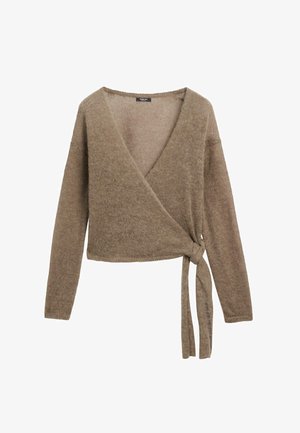 Wickel-Style Pullover aus einem weichen, hellbraunen Strick. Mit langen Ärmeln, einem V-Ausschnitt und einem gebundenen Taillendetail. Strukturierter Stoff mit einem gemütlichen Erscheinungsbild.