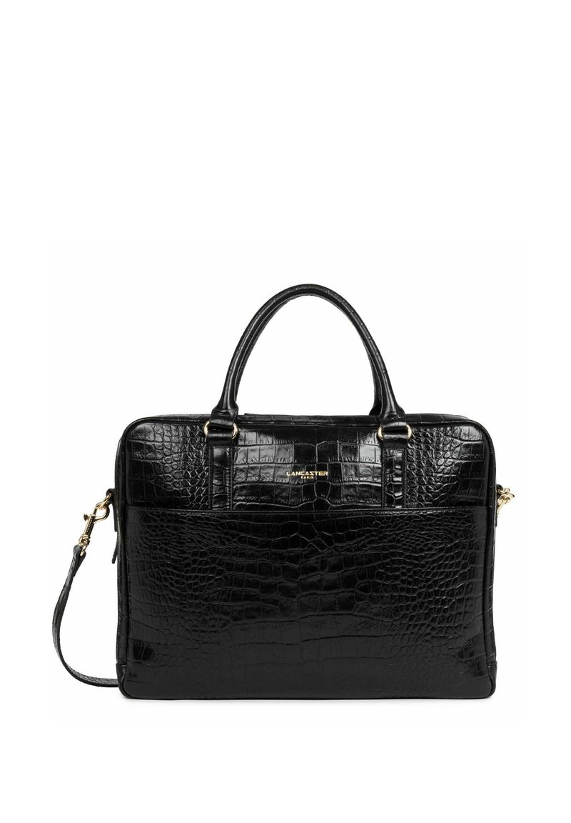 Borsa a tracolla in pelle nera con effetto cocodrillo, dotata di manici superiori, tracolla rimovibile, hardware color oro e forma rettangolare strutturata.
