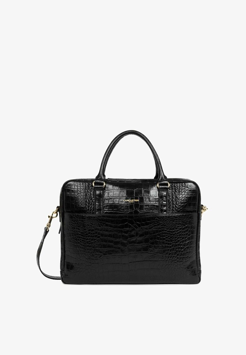 Sac à main en cuir noir embossé crocodile avec des poignées supérieures, une bandoulière détachable, des attaches en métal doré et une forme rectangulaire structurée.