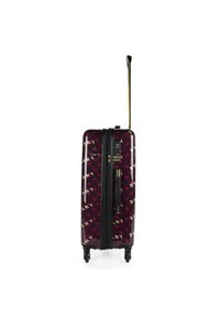 Maleta rígida con un patrón floral morado y logotipos dorados de DKNY. Cuenta con un mango retráctil y cuatro ruedas para mayor movilidad.
