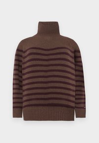Maglione a collo alto marrone con righe orizzontali marroni scure. Tessuto a coste sul colletto e sull'orlo. Vestibilità ampia che consente un indossamento confortevole.