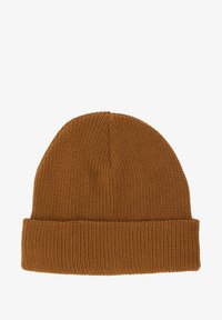 Berretto di lana marrone a maglia con texture a costine e orlo ripiegato. Il design è semplice, senza ulteriori motivi o accenti.