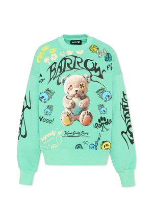 Felpa verde menta con un orsacchiotto grafico, testo nero "Barrow" e illustrazioni e simboli colorati in stile cartone animato.