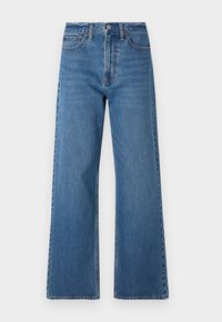 Jeans din denim albastru cu picioare largi și talie înaltă, având închidere cu buton, design cu cinci buzunare și detalii evidente de cusătură.