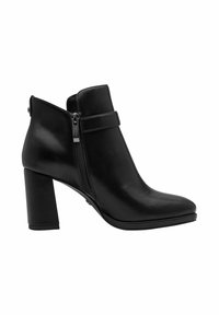Schwarze Leder-Stiefelette mit spitzer Zehe, seitlichem Reißverschluss und breitem Blockabsatz. Verfügt über einen horizontalen Riemen über dem Knöchel.