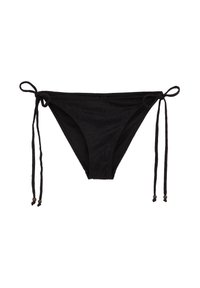 Czarny dół bikini z regulowanymi bokami, zdobiony teksturowanymi kwiatowymi wzorami oraz cienkimi sznurkami ozdobionymi drewnianymi koralikami.