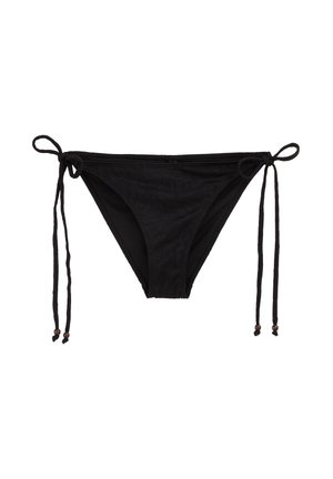 Bas de bikini noir avec des côtés à nouer réglables, arborant des motifs floraux texturés et de fines cordes ornées de perles en bois.