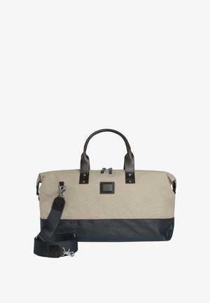 Borsa a duffel in tela beige con fondo navy, dettagli in pelle nera, manici superiori doppi, tracolla removibile e chiusura con zip.