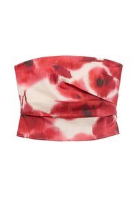 Rotes und beiges trägerloses Top mit abstrakten Mustern, das ein gerafftes Design und eine glatte Textur aufweist.