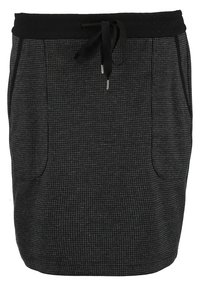 Jupe en maille gris foncé avec un motif à carreaux subtil, taille élastique, lien coulissant noir et poches latérales.
