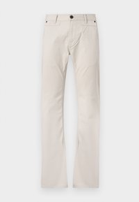 Beige Baumwollchinos mit einem geraden Bein Design, ausgestattet mit einem Knopfverschluss, fünf Taschen und dezenten Nähdetails.