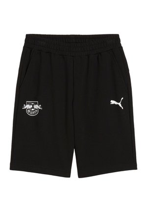 Czarne sportowe szorty wykonane z miękkiego materiału, wyposażone w elastyczny pas i boczne kieszenie. Zawierają biały logo oraz brandingowe akcenty.