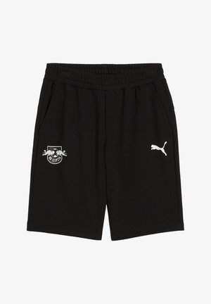 Pantalones cortos deportivos negros hechos de tela suave, con cintura elástica y bolsillos laterales. Presentan un logotipo blanco y detalles de la marca.