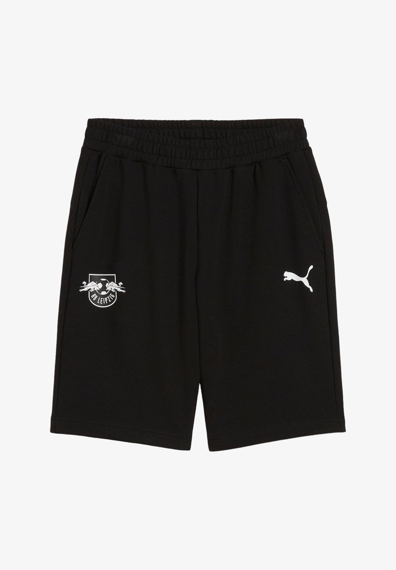Shorts de sport noirs en tissu doux, dotés d'une ceinture élastique et de poches latérales. Présentent un logo blanc et des accents de marque.