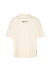 Cream-colored oversized T-shirt made of cotton, featuring short sleeves and a crew neck with "HRLMSL STREETWEAR" embroidered on the front.
