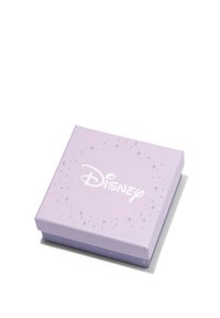 Boîte carrée violette avec une texture lisse, arborant un logo Disney blanc et des motifs d'étoiles, conçue pour des cadeaux ou des bijoux.