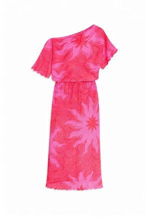 Robe midi rose et rouge à une épaule avec une large manche longue jusqu'au coude et un motif abstrait ondulé en rayons de soleil.