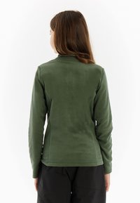 Grüne Fleecejacke mit hohem Kragen, langen Ärmeln und weicher Textur, von hinten betrachtet. Keine sichtbaren Logos oder Muster.