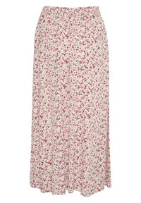 Maxirock mit Blumenmuster und elastischem Bund. Hergestellt aus leichtem Stoff mit einem Muster aus pinken, grünen und weißen Blumen auf cremefarbenem Hintergrund.