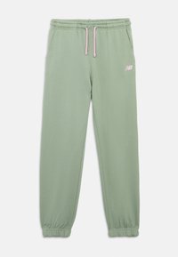 Calças de fato de treino verde claro com cintura elástica e cordão rosa. As bainhas são elásticas. Apresenta um pequeno logotipo branco na coxa esquerda.