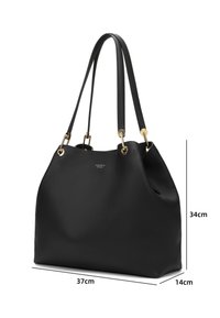 Black textured leather handbag with a soft structure, dimensions 37cm width, 34cm height, and 14cm depth; features gold hardware accents.