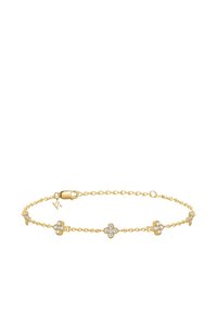 Goldene Armbandkette mit fünf floralen Akzenten, die jeweils mit klaren Kristallen verziert sind. Verfügt über einen sicheren Karabinerverschluss zum Schließen.